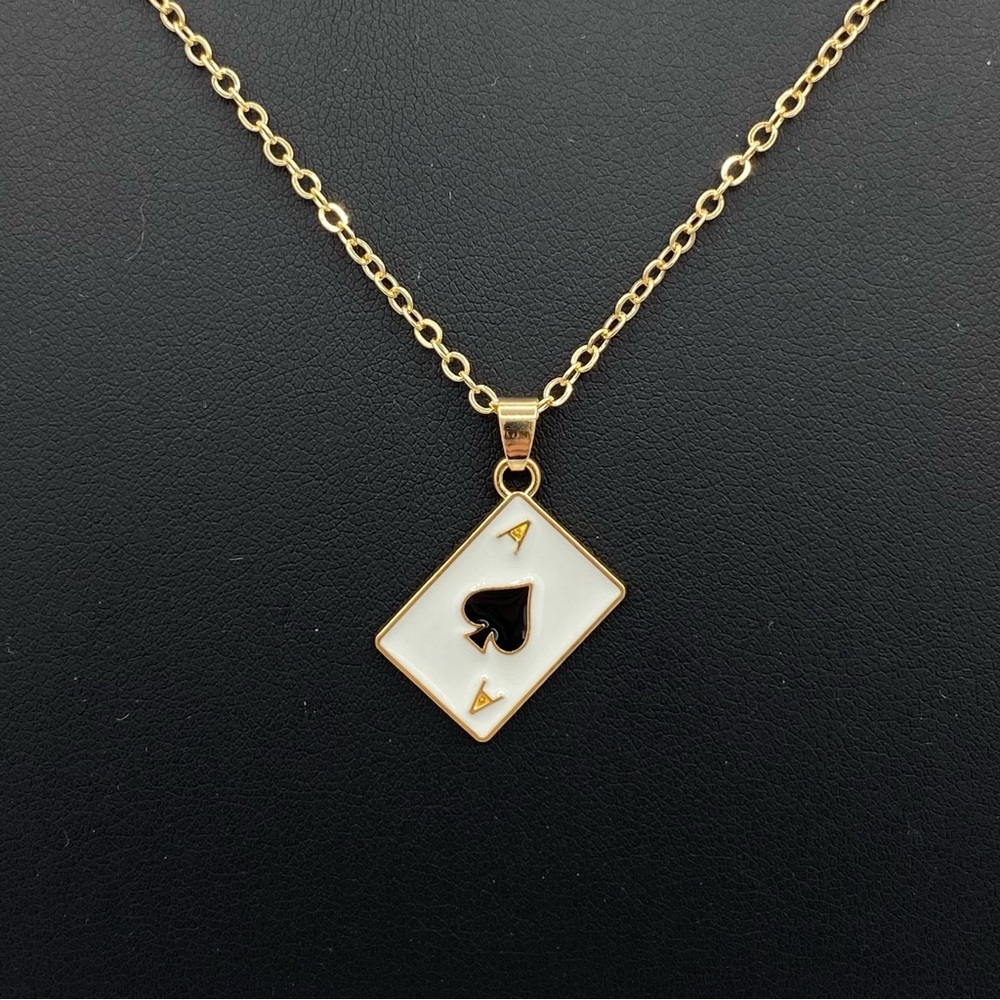 Las Vegas Casino Ace Of Spades Card Black White & Gold Necklace - Picture 2 of 5